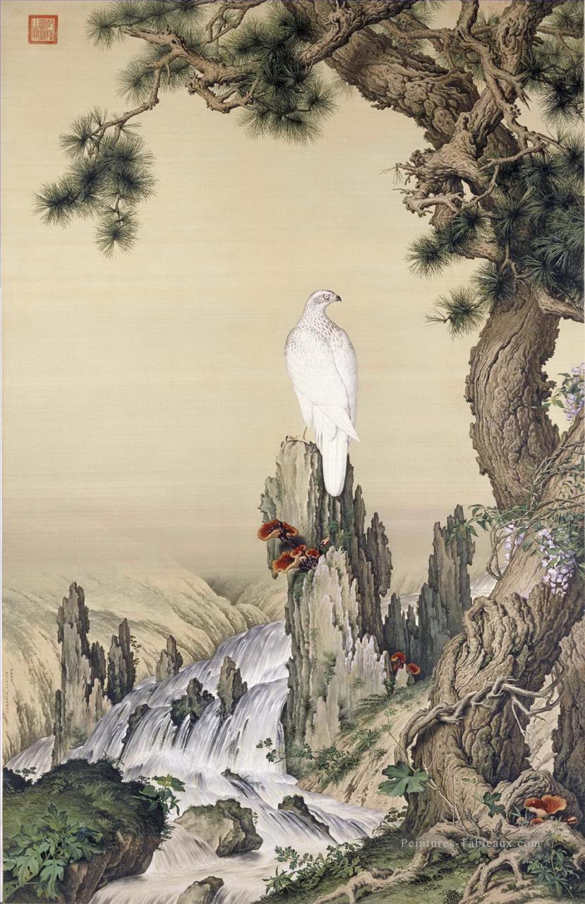 Lang brillant oiseau blanc près de la cascade ancienne Chine encre Giuseppe Castiglione Peintures à l'huile